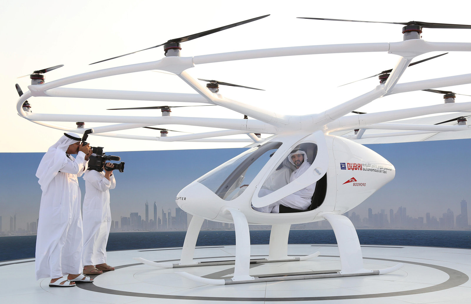 Dubai Crown Prince Sheikh Hamdan bin Mohammed bin Rashid Al Maktoum is seen inside the flying taxi in Dubai