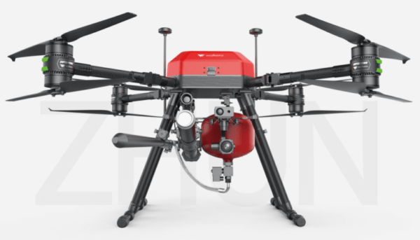 Fire fighting drone UAVs with dry powder fire extinguishing agent boom launcher